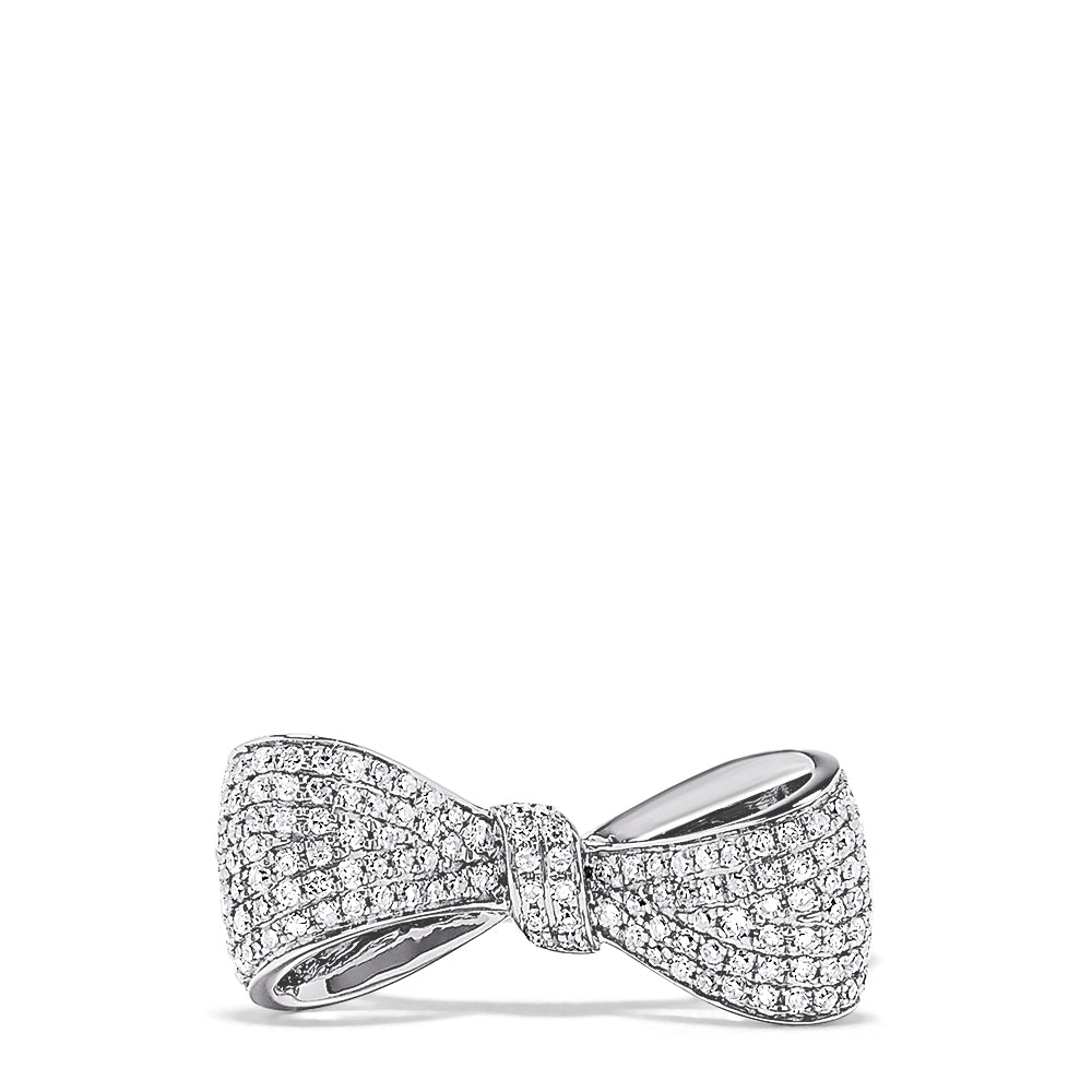 A dazzling Novelty 14K White Gold Diamond Bow Ring, 0.35 TCW, is beautifully showcased against a white background.