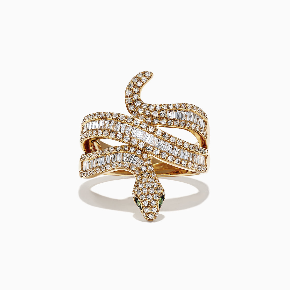 The Safari 14K Yellow Gold Diamond Snake Ring, 0.95 TCW, is shaped like a coiled serpent with white and baguette-cut diamonds and green gemstone eyes, shown on a white background.