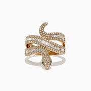 The Safari 14K Yellow Gold Diamond Snake Ring, 0.95 TCW, is shaped like a coiled serpent with white and baguette-cut diamonds and green gemstone eyes, shown on a white background.