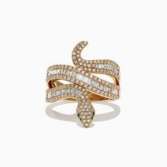 The Safari 14K Yellow Gold Diamond Snake Ring, 0.95 TCW, is shaped like a coiled serpent with white and baguette-cut diamonds and green gemstone eyes, shown on a white background.