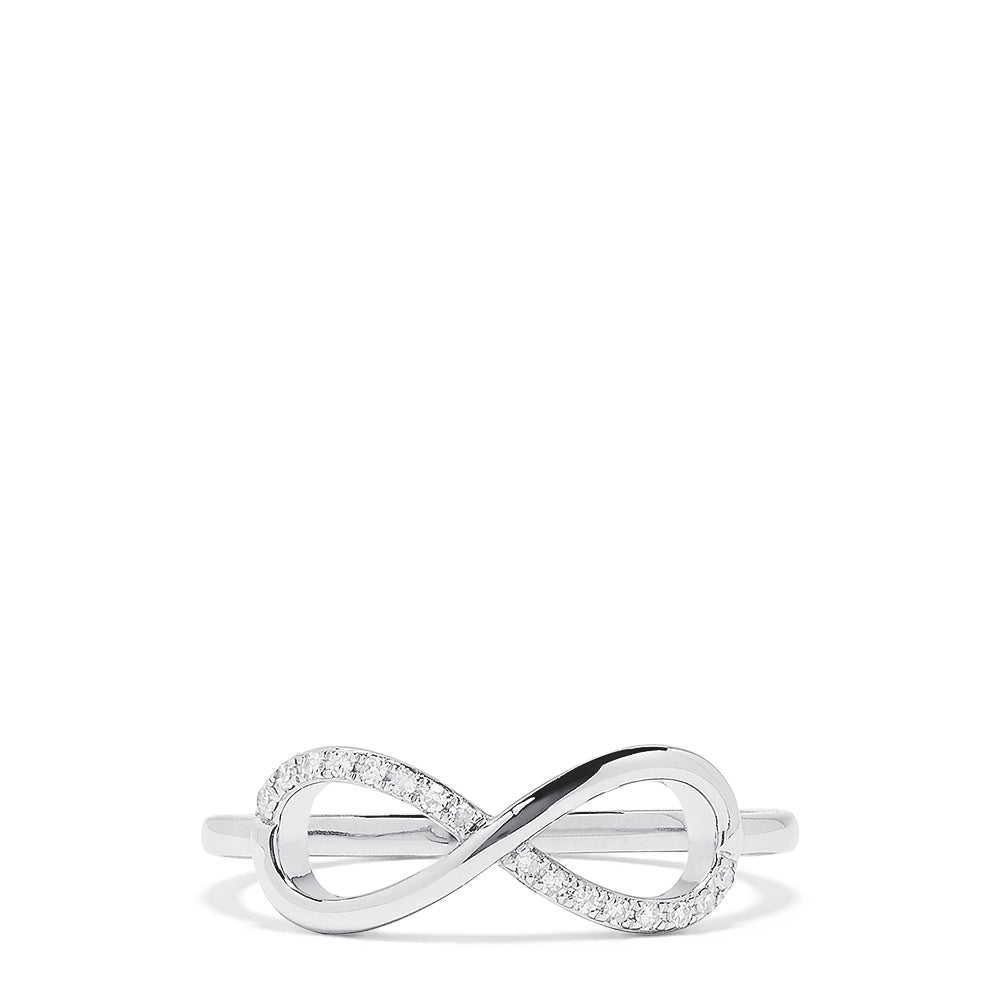 The Novelty 14K White Gold Diamond Infinity Ring, 0.06 TCW, features an elegant infinity symbol with sparkling diamonds and is displayed on a plain white background. An exquisite piece from the Effy Novelty collection.