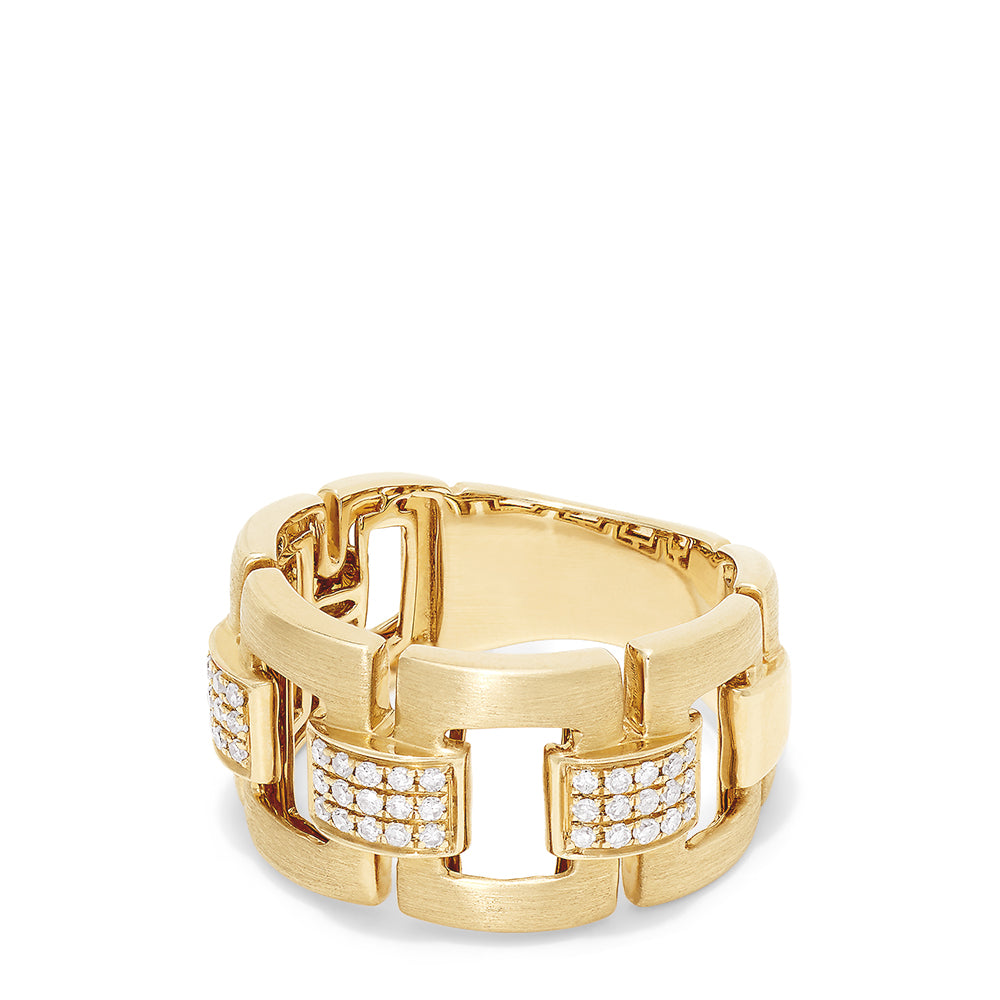 The D'Oro 14K Yellow Gold Diamond Links Ring, 0.22 TCW, showcases geometric rectangular links and square diamond clusters in elegant yellow gold, displayed on a white background.