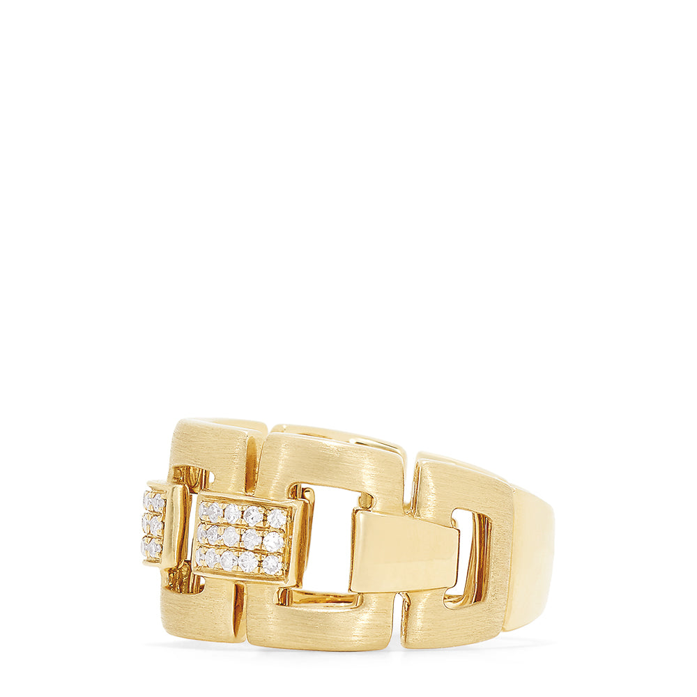The D'Oro 14K Yellow Gold Diamond Links Ring, 0.22 TCW, showcases geometric rectangular links and square diamond clusters in elegant yellow gold, displayed on a white background.