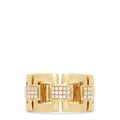 The D'Oro 14K Yellow Gold Diamond Links Ring, 0.22 TCW, showcases geometric rectangular links and square diamond clusters in elegant yellow gold, displayed on a white background.