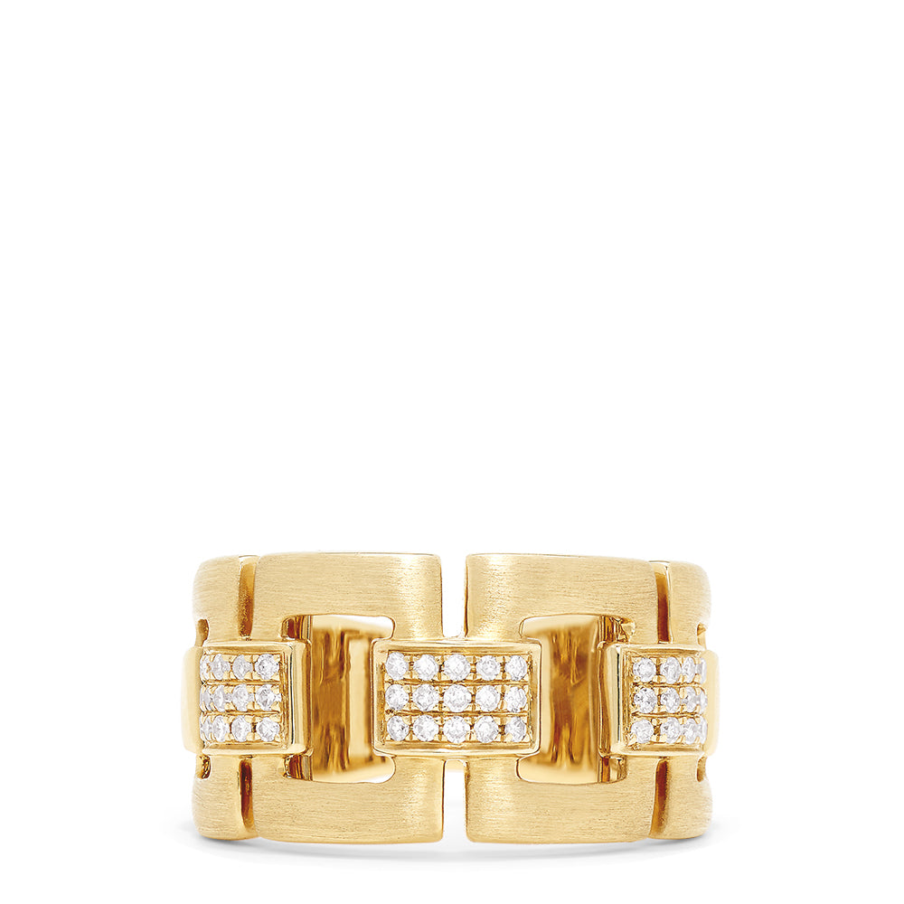 The D'Oro 14K Yellow Gold Diamond Links Ring, 0.22 TCW, showcases geometric rectangular links and square diamond clusters in elegant yellow gold, displayed on a white background.