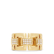The D'Oro 14K Yellow Gold Diamond Links Ring, 0.22 TCW, showcases geometric rectangular links and square diamond clusters in elegant yellow gold, displayed on a white background.