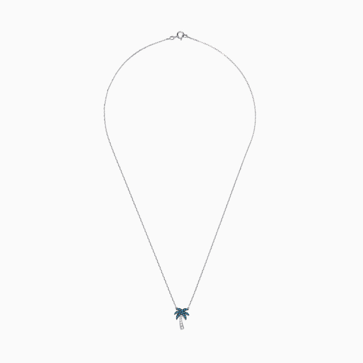 The Novelty 14K Gold Blue & White Diamond Palm Tree Necklace, 0.25 TCW, features sparkling gemstones on the leaves and trunk, beautifully displayed against a plain white background.