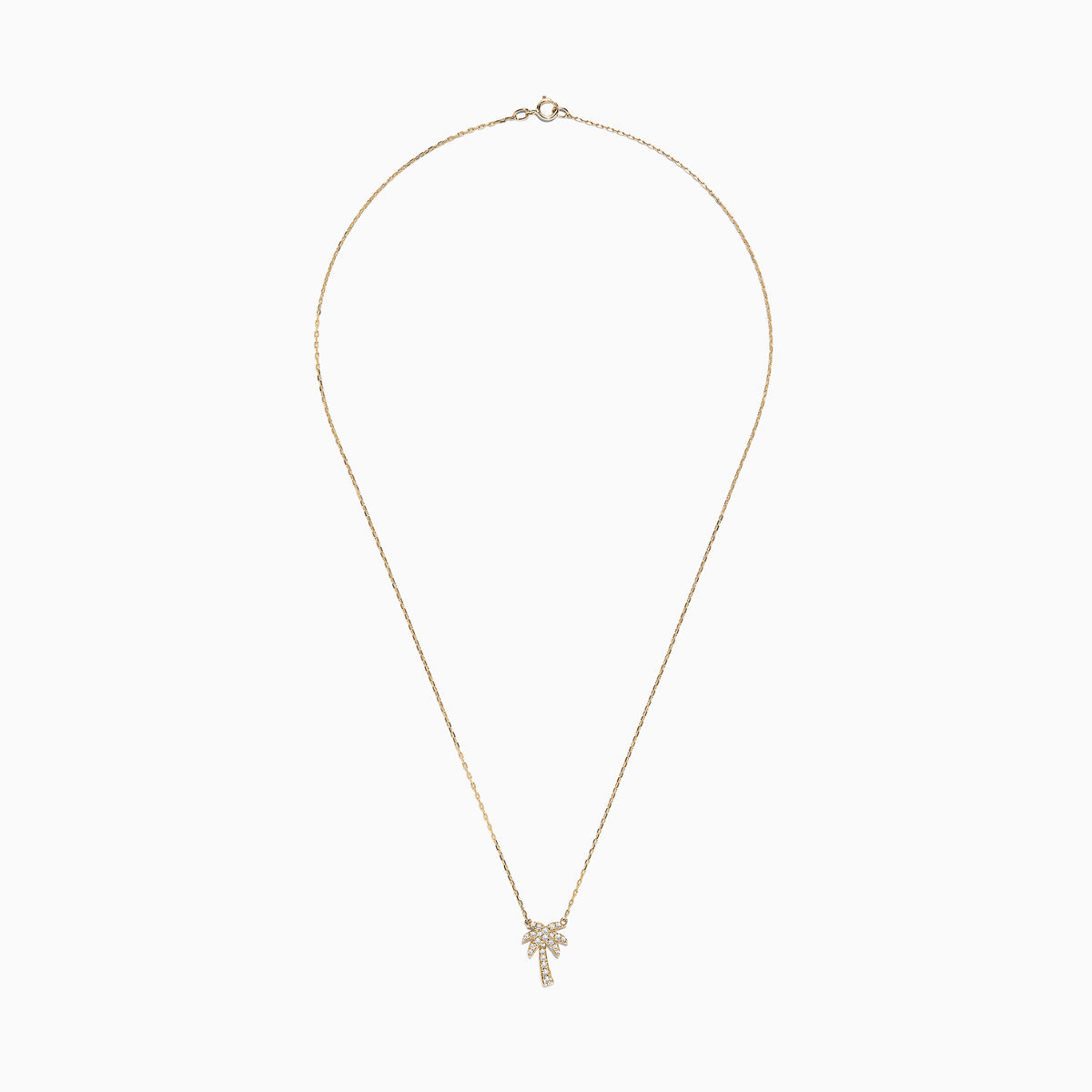 A delicate Novelty 14K Yellow Gold Diamond Palm Tree Necklace, 0.23 TCW, features a small palm tree pendant adorned with sparkling diamonds.