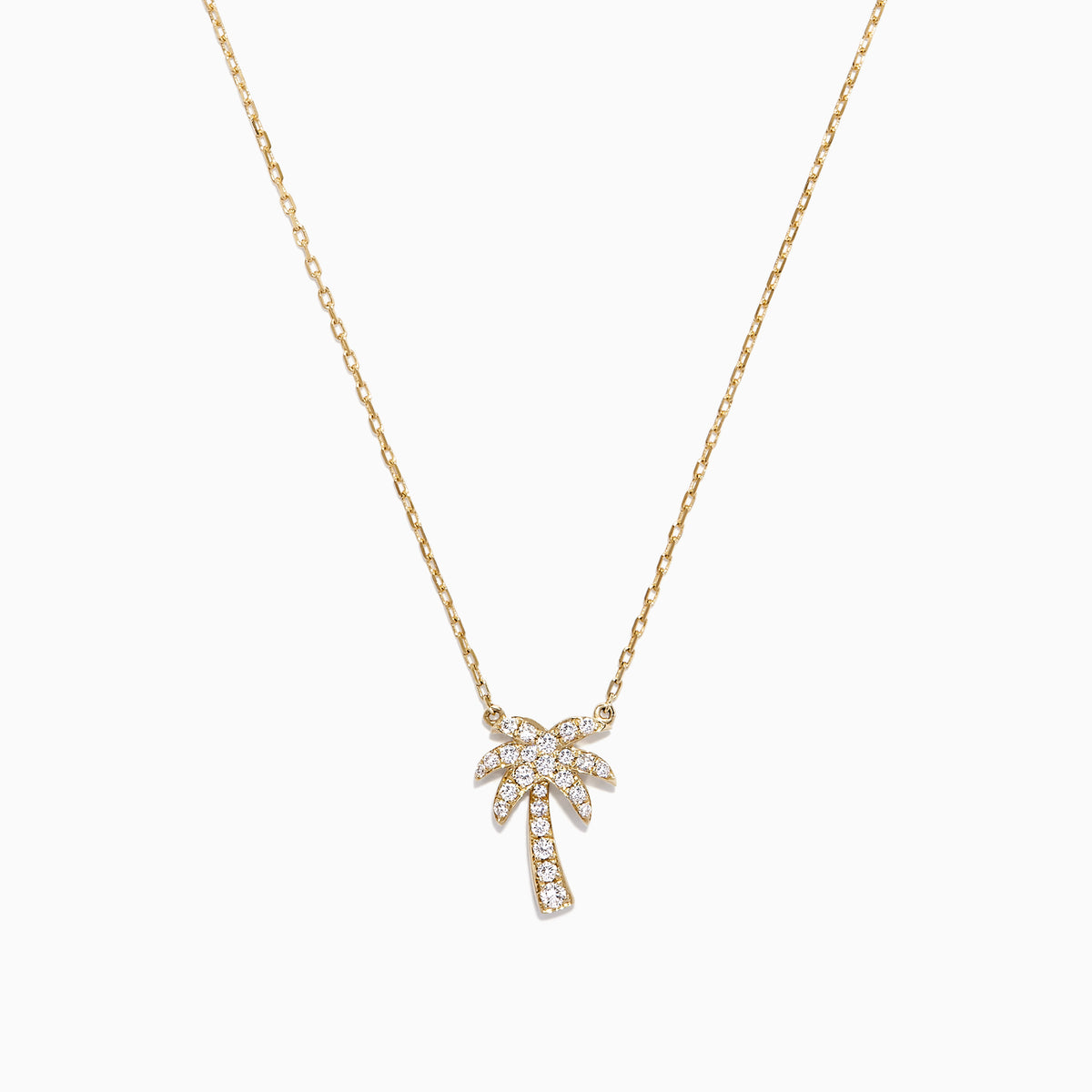 A delicate Novelty 14K Yellow Gold Diamond Palm Tree Necklace, 0.23 TCW, features a small palm tree pendant adorned with sparkling diamonds.