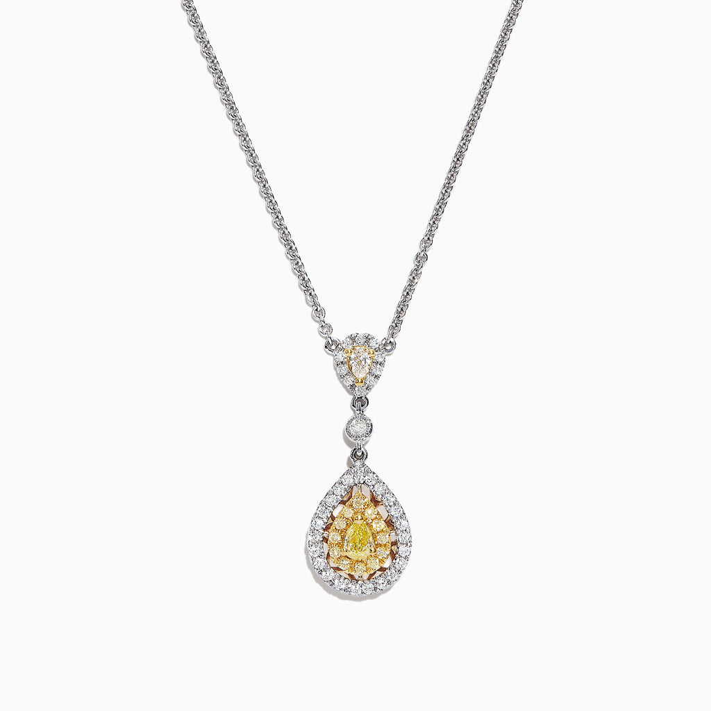 The Canare 18K Two-Tone Gold Yellow and White Diamond Pendant (0.74 TCW) is a silver necklace featuring a teardrop design with yellow gemstones and white diamonds, both surrounded by halos of sparkling stones for added elegance.