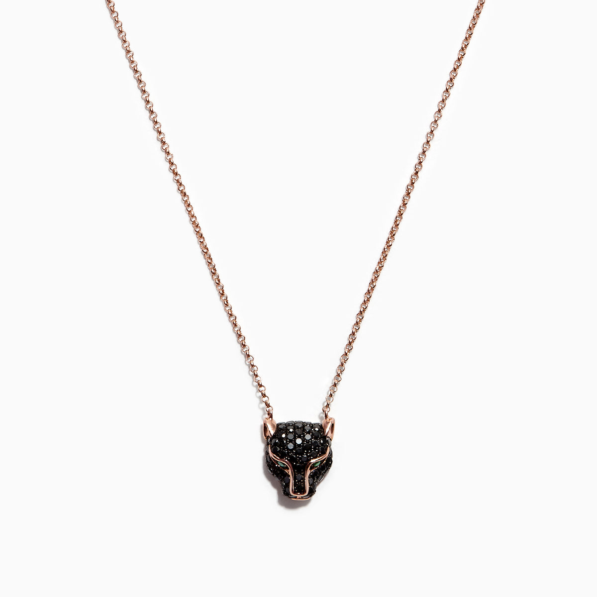 The Signature 14K Rose Gold Black Diamond & Emerald Necklace, 0.61 TCW, features a panther’s head pendant with black diamonds and emeralds—an elegant and striking piece for any jewelry collection.