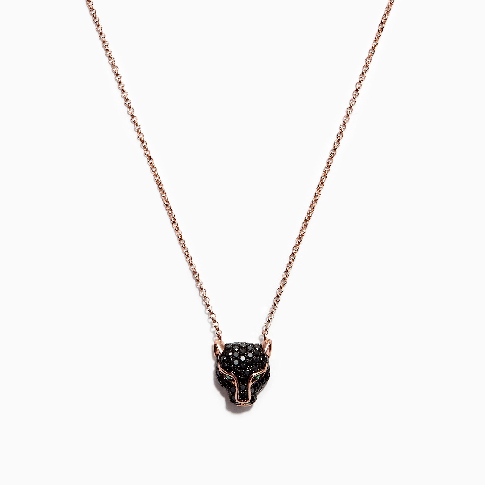 The Signature 14K Rose Gold Black Diamond & Emerald Necklace, 0.61 TCW, features a panther’s head pendant with black diamonds and emeralds—an elegant and striking piece for any jewelry collection.