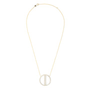 The 14K Yellow Gold Diamond Geo Necklace (0.97 TCW) features a thin chain and a large circular pendant outlined with small diamonds, showcasing two parallel vertical diamond-encrusted bars inside the circle.