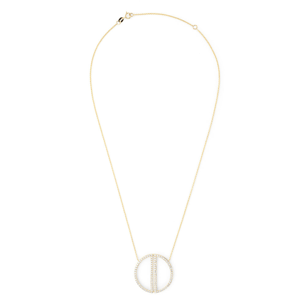The 14K Yellow Gold Diamond Geo Necklace (0.97 TCW) features a thin chain and a large circular pendant outlined with small diamonds, showcasing two parallel vertical diamond-encrusted bars inside the circle.