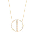 The 14K Yellow Gold Diamond Geo Necklace (0.97 TCW) features a thin chain and a large circular pendant outlined with small diamonds, showcasing two parallel vertical diamond-encrusted bars inside the circle.