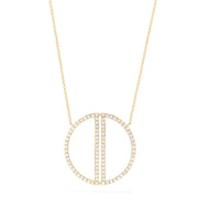 The 14K Yellow Gold Diamond Geo Necklace (0.97 TCW) features a thin chain and a large circular pendant outlined with small diamonds, showcasing two parallel vertical diamond-encrusted bars inside the circle.