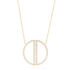 The 14K Yellow Gold Diamond Geo Necklace (0.97 TCW) features a thin chain and a large circular pendant outlined with small diamonds, showcasing two parallel vertical diamond-encrusted bars inside the circle.