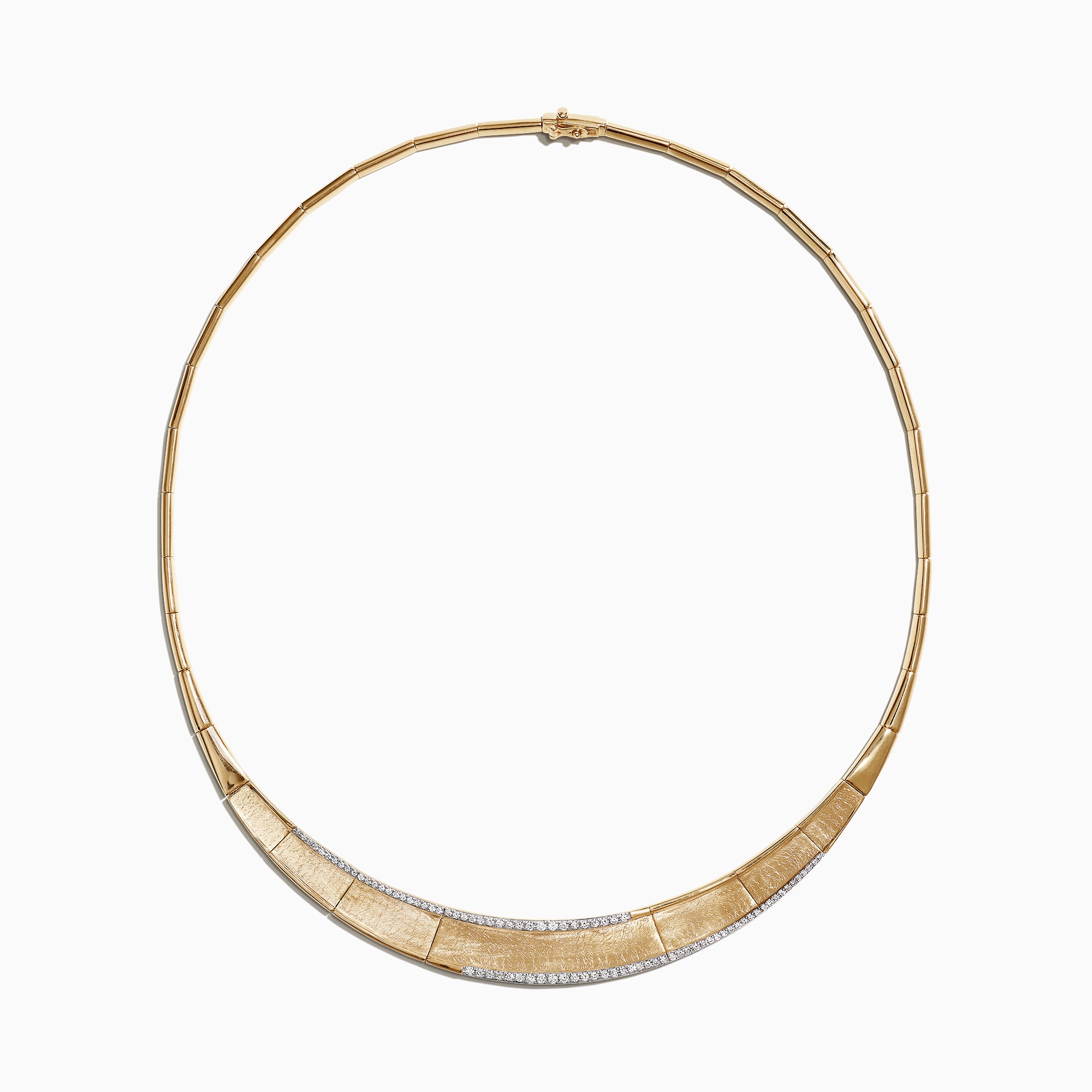 The DOro 14K Brushed Yellow Gold Diamond Collar Necklace, 0.90 TCW, showcases a segmented geometric design accented by a row of sparkling diamonds along the lower front.