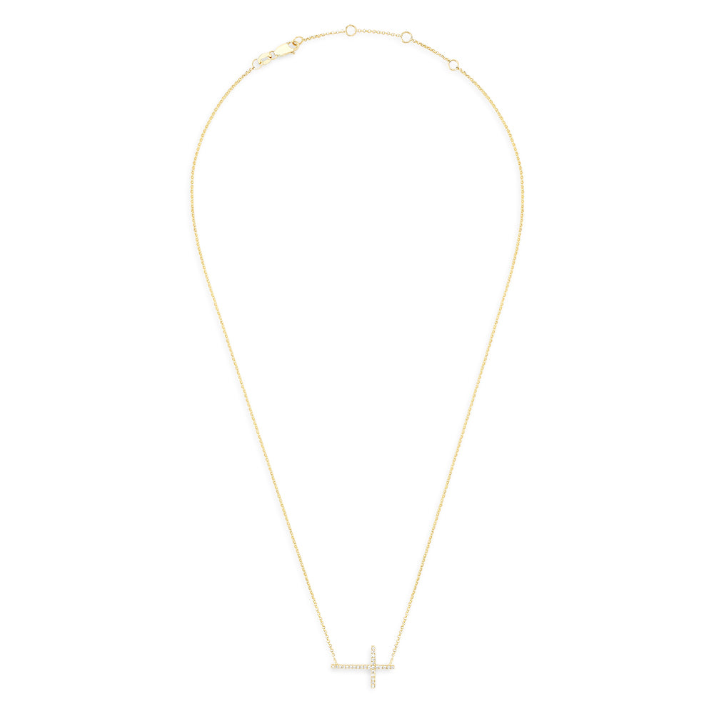 The Novelty 14K Yellow Gold Diamond Cross Necklace (0.09 TCW) features a sideways cross pendant with sparkling diamonds and is beautifully displayed on a plain white background.