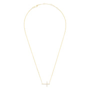 The Novelty 14K Yellow Gold Diamond Cross Necklace (0.09 TCW) features a sideways cross pendant with sparkling diamonds and is beautifully displayed on a plain white background.