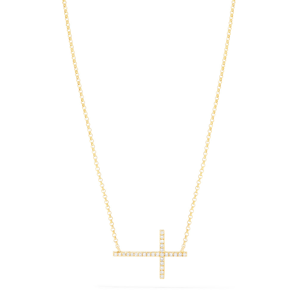 The Novelty 14K Yellow Gold Diamond Cross Necklace (0.09 TCW) features a sideways cross pendant with sparkling diamonds and is beautifully displayed on a plain white background.