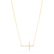 The Novelty 14K Yellow Gold Diamond Cross Necklace (0.09 TCW) features a sideways cross pendant with sparkling diamonds and is beautifully displayed on a plain white background.