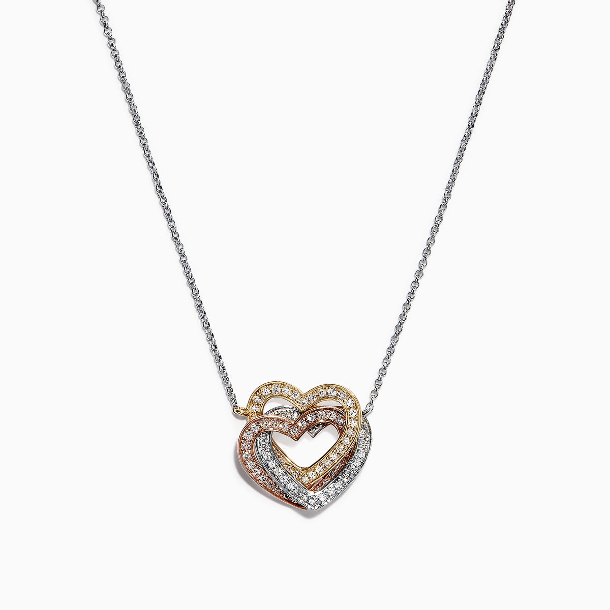 An elegant Trio 14K Tri Color Gold Diamond Heart Necklace, 0.40 TCW, features a thin chain with three interlocking hearts in silver, gold, and rose gold tones for a sparkling, timeless look.
