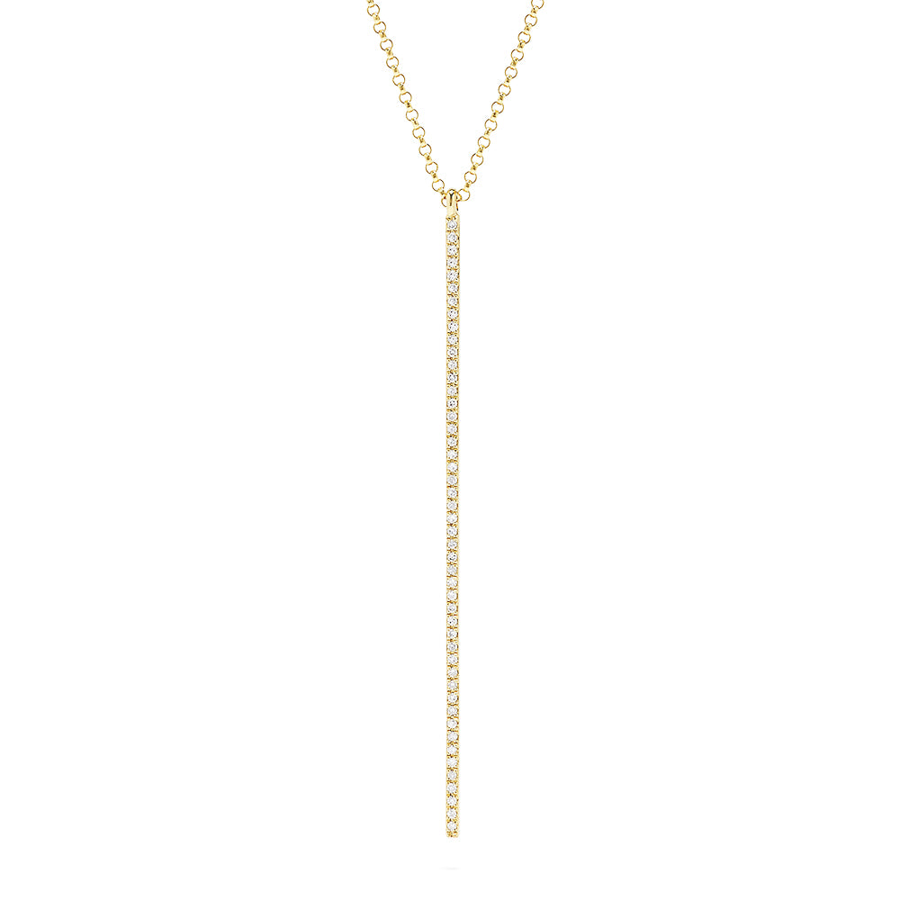 The DOro 14K Yellow Gold Diamond Vertical Pendant features a sleek design with 0.14 TCW of sparkling diamonds hanging from an elegant gold chain.