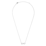The Novelty 14K White Gold Diamond Infinity Necklace, 0.08 TCW, features a thin chain and an infinity symbol pendant partially adorned with sparkling diamonds, shown centered on a plain white background.