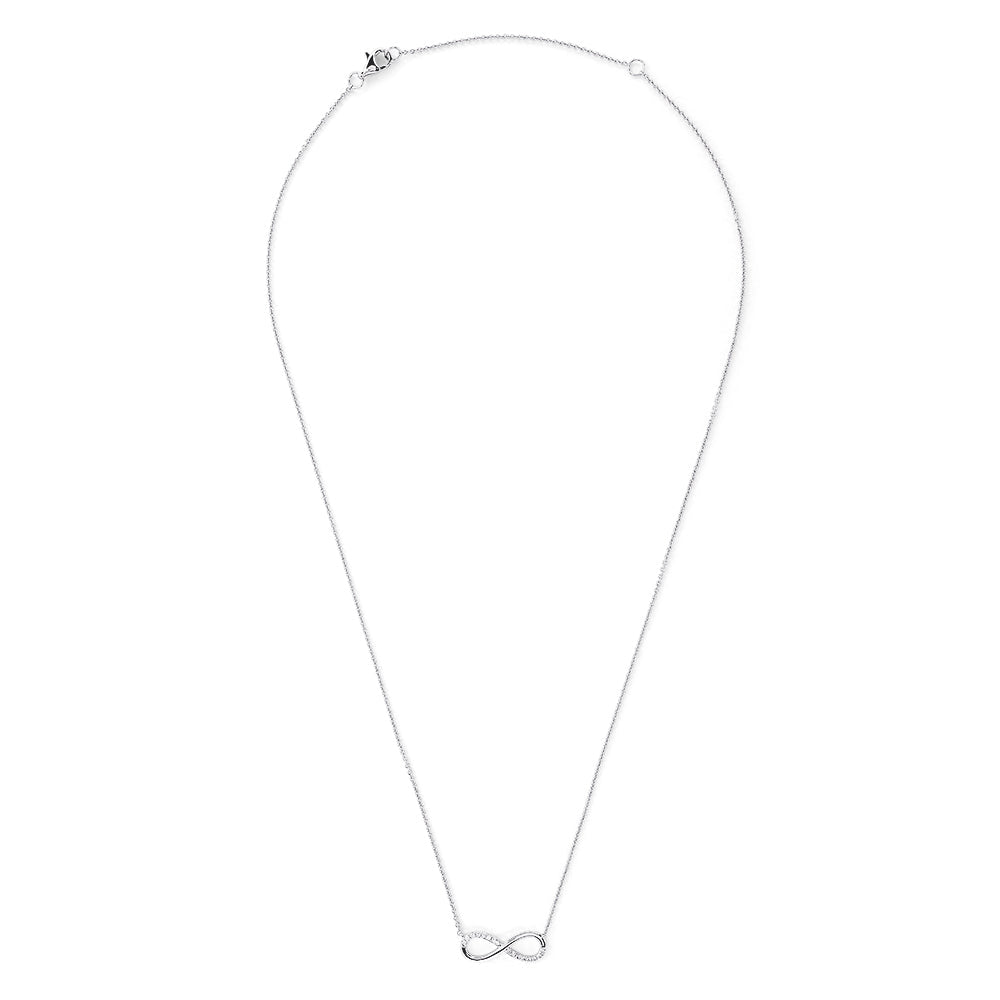 The Novelty 14K White Gold Diamond Infinity Necklace, 0.08 TCW, features a thin chain and an infinity symbol pendant partially adorned with sparkling diamonds, shown centered on a plain white background.