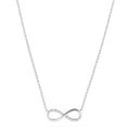 The Novelty 14K White Gold Diamond Infinity Necklace, 0.08 TCW, features a thin chain and an infinity symbol pendant partially adorned with sparkling diamonds, shown centered on a plain white background.