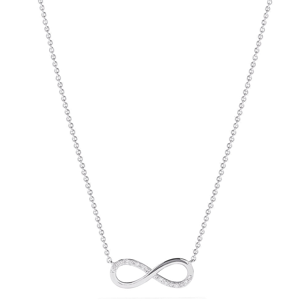 The Novelty 14K White Gold Diamond Infinity Necklace, 0.08 TCW, features a thin chain and an infinity symbol pendant partially adorned with sparkling diamonds, shown centered on a plain white background.