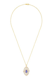 The 14K Yellow Gold Tanzanite and Diamond Pendant, 1.57 TCW, features an ornate oval design with a central tanzanite gemstone accented by diamonds, beautifully set in polished 14K yellow gold.