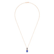 The 14K Rose Gold Emerald Cut Tanzanite and Diamond Pendant (1.56 TCW) features a rectangular tanzanite surrounded by sparkling diamonds on a delicate rose gold chain.