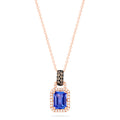 The 14K Rose Gold Emerald Cut Tanzanite and Diamond Pendant (1.56 TCW) features a rectangular tanzanite surrounded by sparkling diamonds on a delicate rose gold chain.