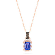 The 14K Rose Gold Emerald Cut Tanzanite and Diamond Pendant (1.56 TCW) features a rectangular tanzanite surrounded by sparkling diamonds on a delicate rose gold chain.