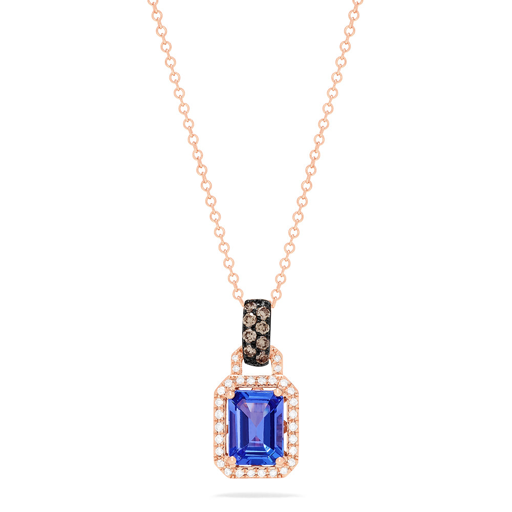 The 14K Rose Gold Emerald Cut Tanzanite and Diamond Pendant (1.56 TCW) features a rectangular tanzanite surrounded by sparkling diamonds on a delicate rose gold chain.