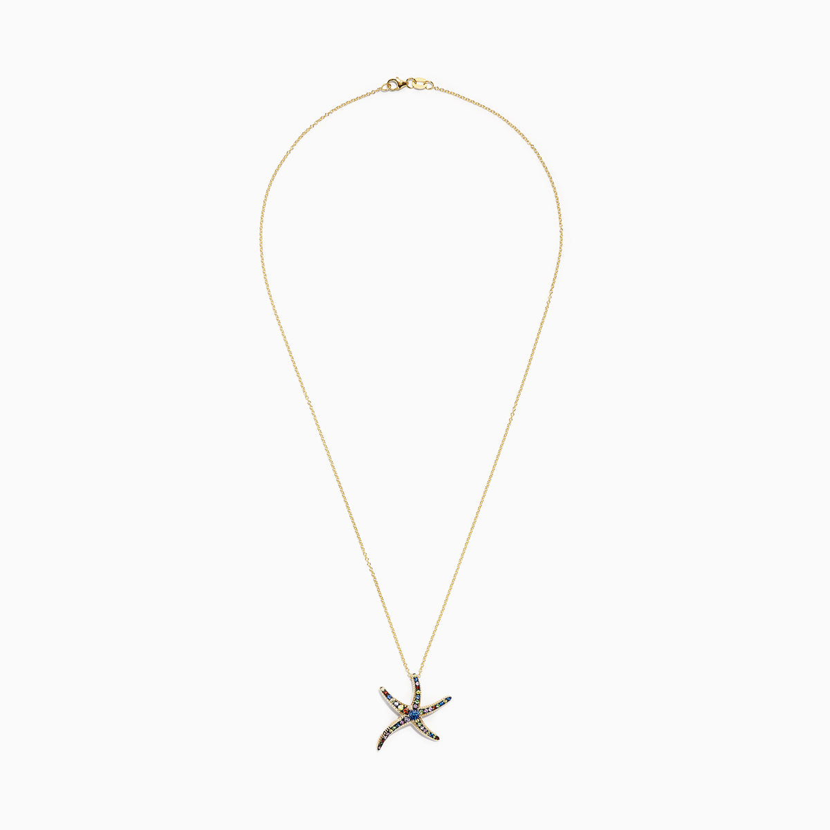 The Watercolors 14K Yellow Gold Multi Sapphire Starfish Pendant (0.80 TCW) features a starfish design accented with vibrant multicolored sapphires on a yellow gold chain.