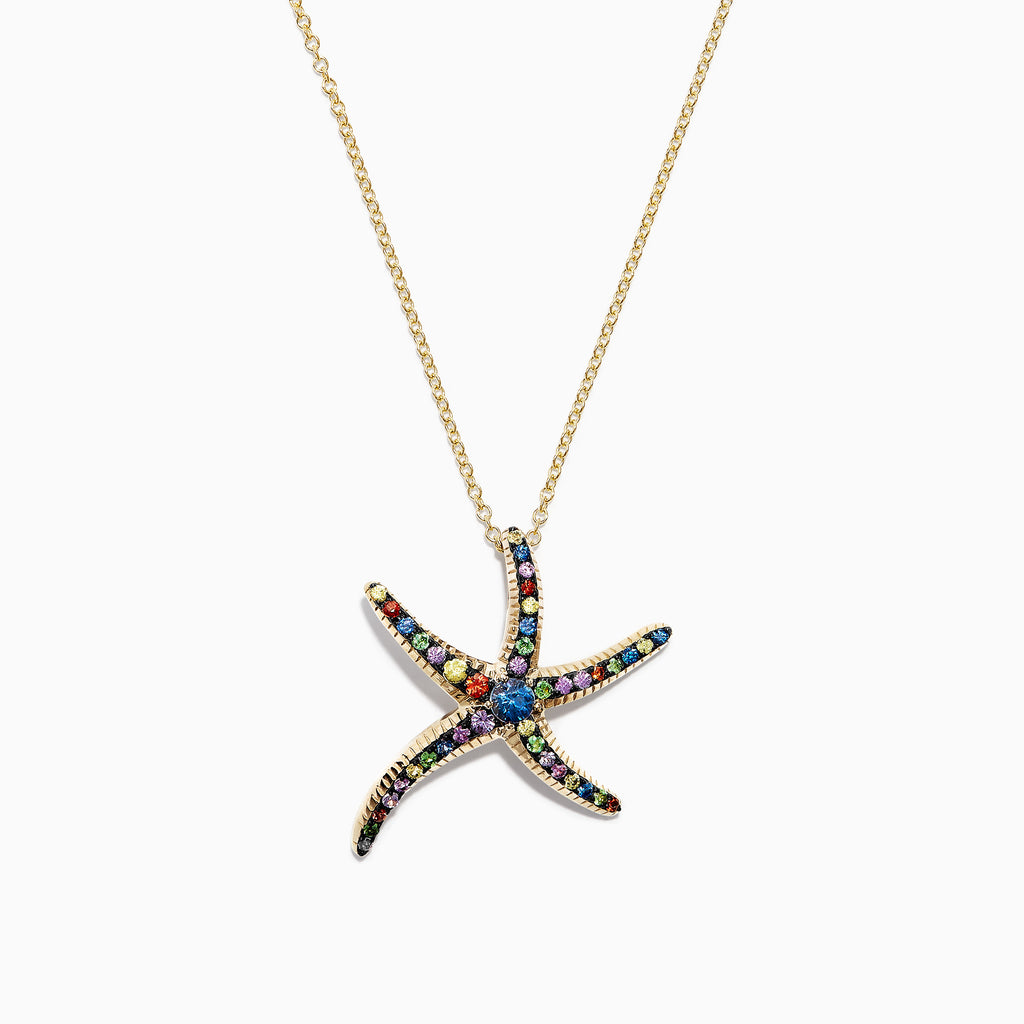 The Watercolors 14K Yellow Gold Multi Sapphire Starfish Pendant (0.80 TCW) features a starfish design accented with vibrant multicolored sapphires on a yellow gold chain.