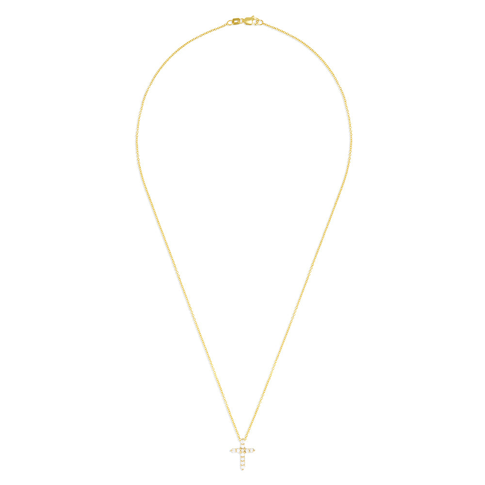 The Effy Novelty 14K Yellow Gold Diamond Cross Pendant (0.22 TCW) features sparkling white stones and is displayed on a simple white background—a stunning, elegant necklace.