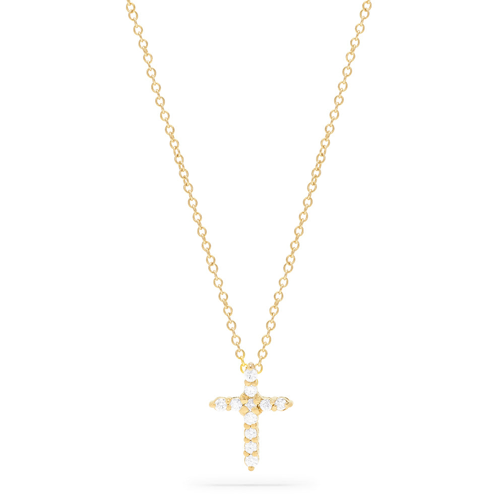 The Effy Novelty 14K Yellow Gold Diamond Cross Pendant (0.22 TCW) features sparkling white stones and is displayed on a simple white background—a stunning, elegant necklace.