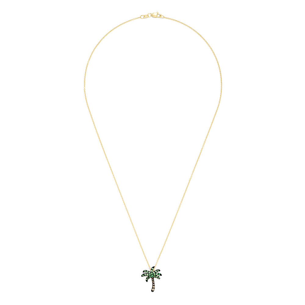 A 14K gold chain necklace with a Novelty Palm Tree Pendant, featuring tsavorite and diamond accents, 0.54 TCW.