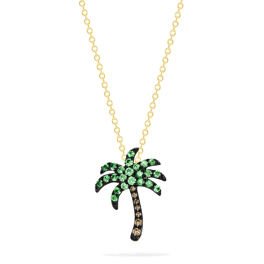 A 14K gold chain necklace with a Novelty Palm Tree Pendant, featuring tsavorite and diamond accents, 0.54 TCW.