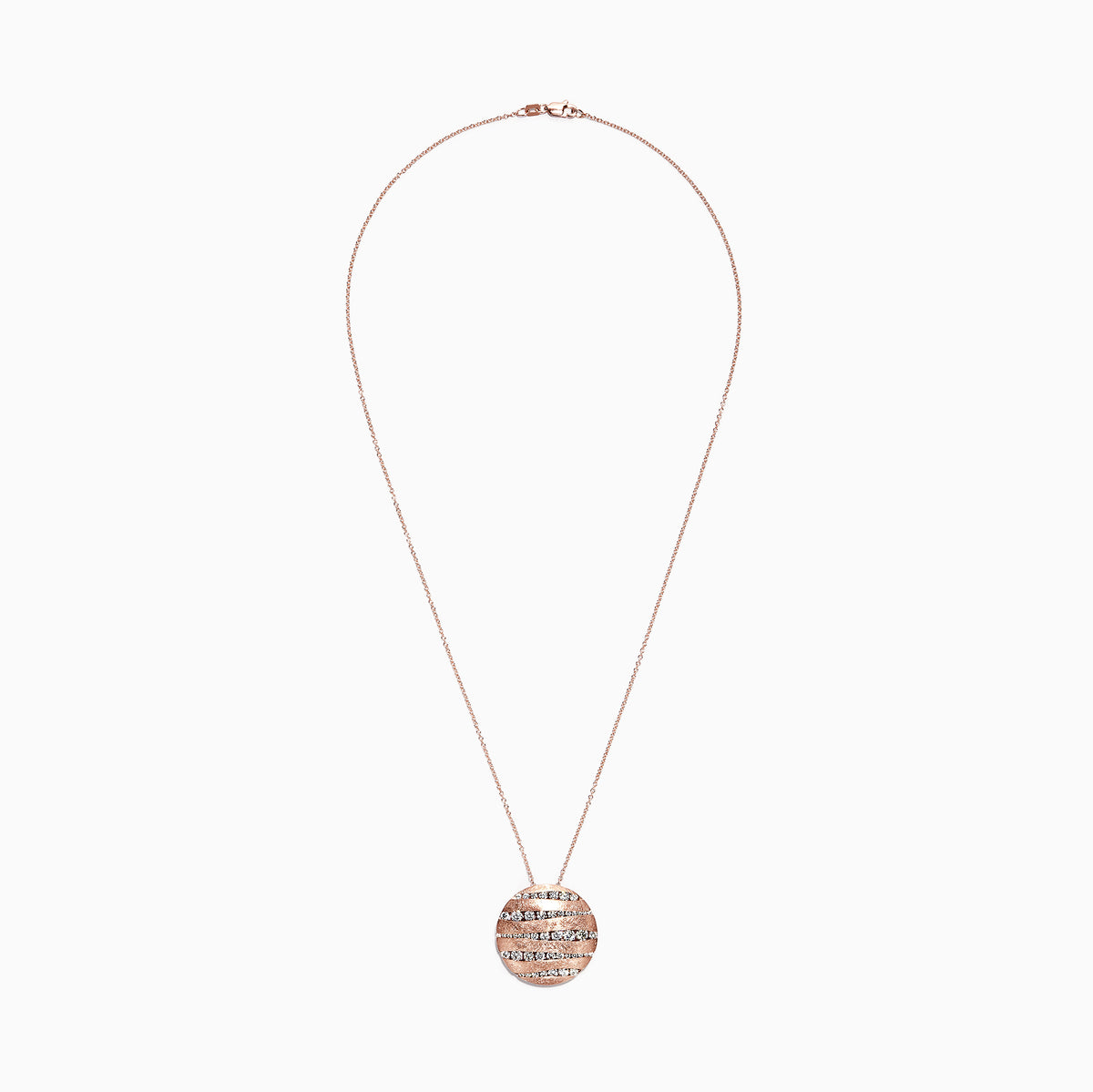 The Pave Rose 14K Rose Gold Diamond Pendant (1.91 TCW) features a round pendant with alternating wavy diamond and polished rows, hanging on a delicate chain against a white background.