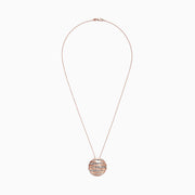 The Pave Rose 14K Rose Gold Diamond Pendant (1.91 TCW) features a round pendant with alternating wavy diamond and polished rows, hanging on a delicate chain against a white background.