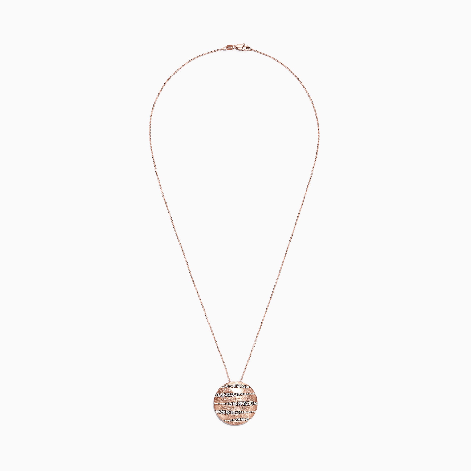 The Pave Rose 14K Rose Gold Diamond Pendant (1.91 TCW) features a round pendant with alternating wavy diamond and polished rows, hanging on a delicate chain against a white background.