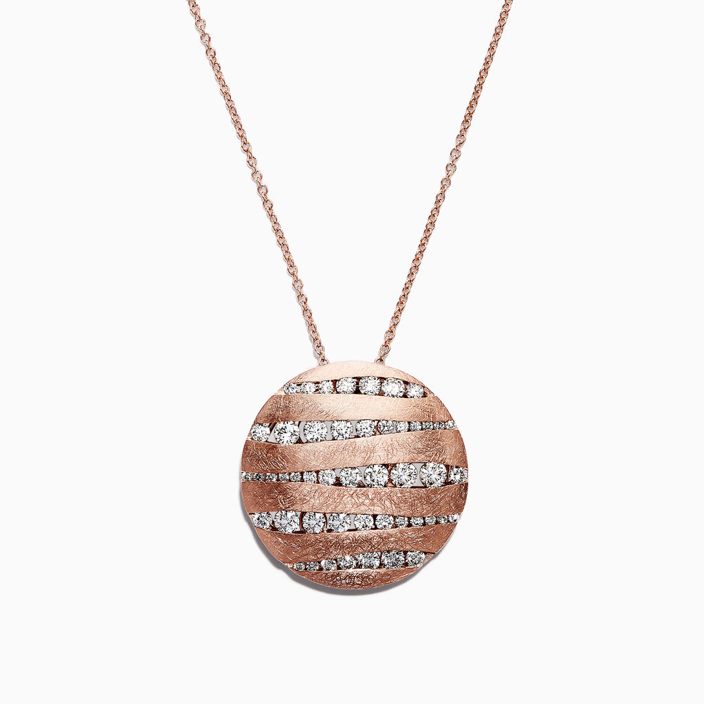 The Pave Rose 14K Rose Gold Diamond Pendant (1.91 TCW) features a round pendant with alternating wavy diamond and polished rows, hanging on a delicate chain against a white background.