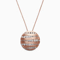 The Pave Rose 14K Rose Gold Diamond Pendant (1.91 TCW) features a round pendant with alternating wavy diamond and polished rows, hanging on a delicate chain against a white background.