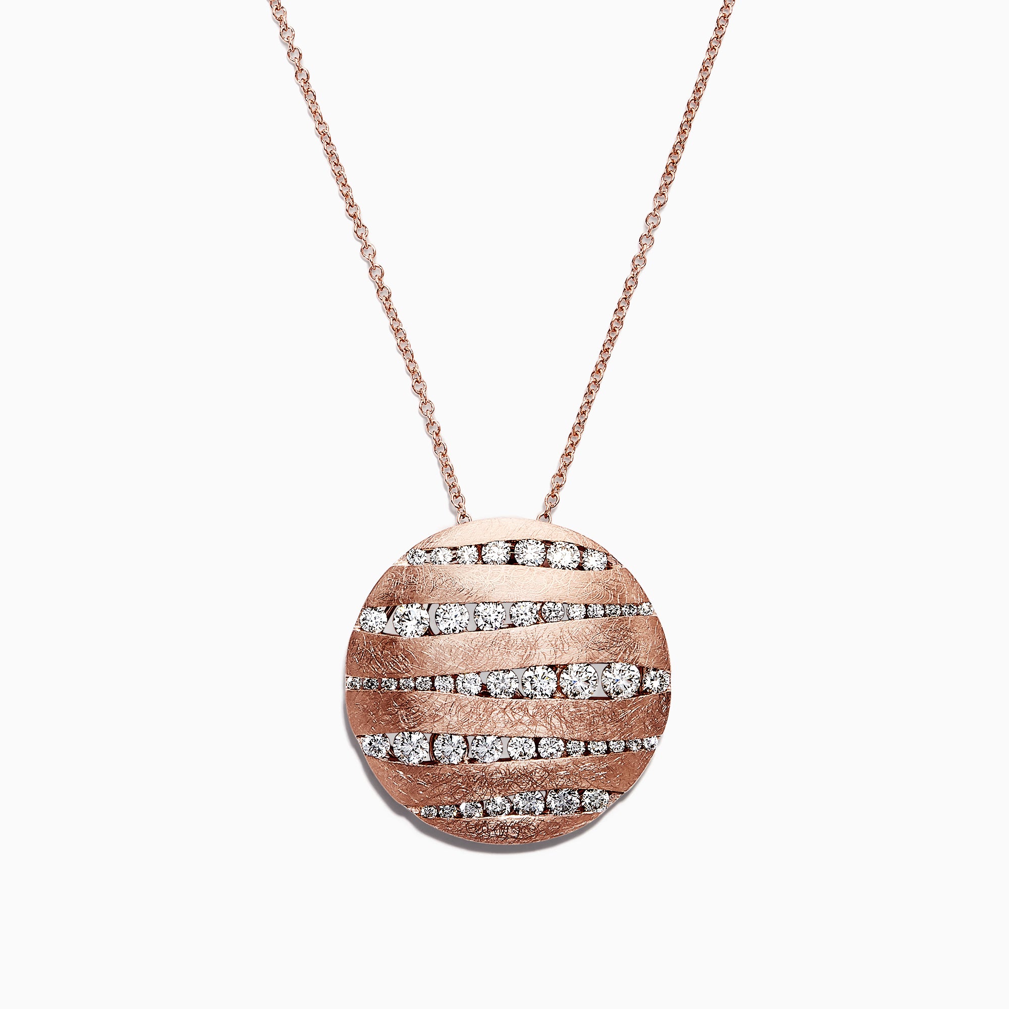 The Pave Rose 14K Rose Gold Diamond Pendant (1.91 TCW) features a round pendant with alternating wavy diamond and polished rows, hanging on a delicate chain against a white background.