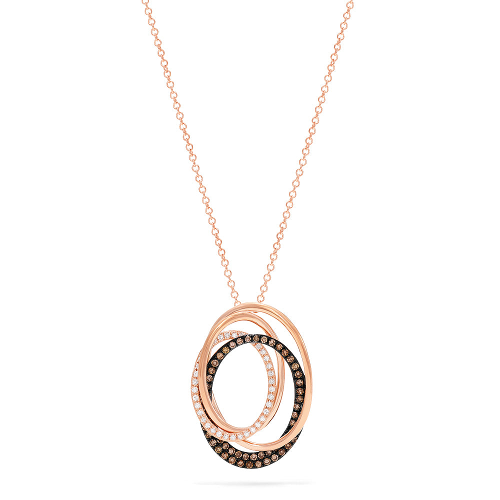 The 14K Rose Gold Espresso and White Diamond Pendant, 0.48 TCW, features three interlocking oval loops with alternating rows of white and espresso diamonds on a fine chain, creating an elegant and sophisticated look.